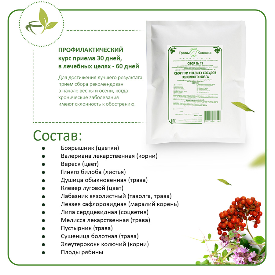 Сбор №13 При спазмах сосудов головного мозга, 200 гр. — изображение 3